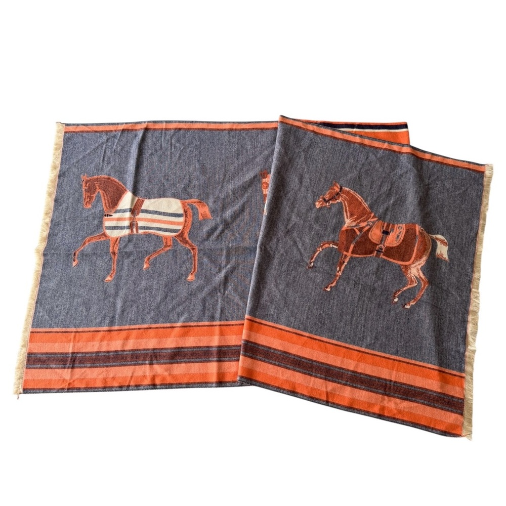 Cashmere Equestrian Horse Print Scarf Shawl - Picture 3 of 6